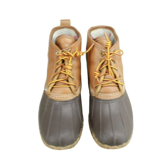 LL Bean Brown Leather Shearling Lined Insulated Ankle Duck Boots Sz 10 M - Picture 4 of 10